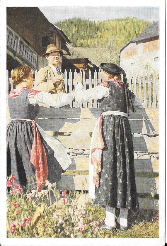 Austrian Tyrolean People in Traditional Costume Color Vintage