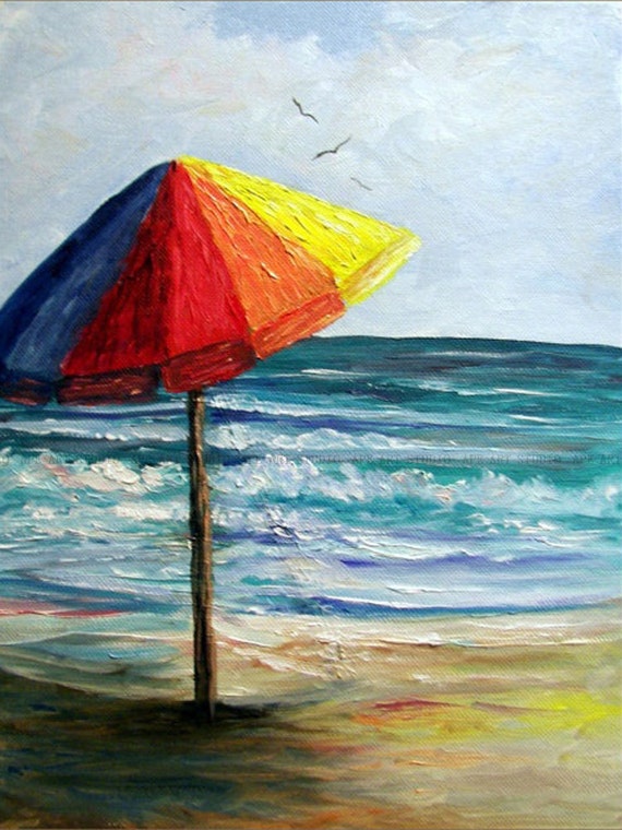 Beach umbrella by the sea oil painting on by ApeArtStudio on Etsy