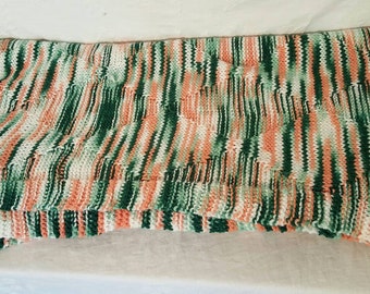 Crochet Afghan Orange and Green ,Pastel Orange and Mint,Vintage Knit Blanket,Hand Crochet Bed Linen,Handmade Afghan, Unique Afghan Style