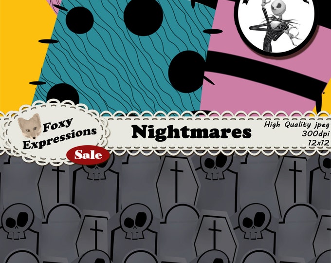 Nightmare Digital Scrapbook paper comes in haunting designs; tombstones, pumpkins, stitched rag dolls, moons, snakes, vampire bites & more
