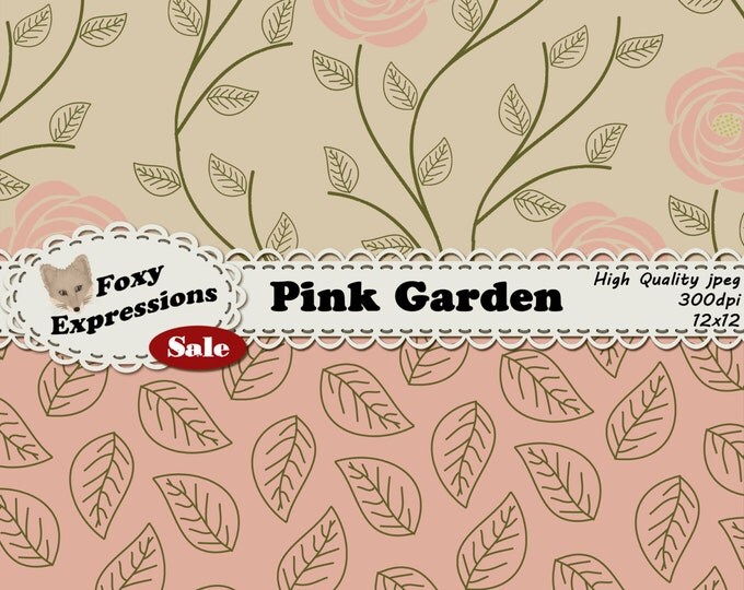 Pink Garden digital paper comes in shades of pink, green and cream. Designs include leaves, roses, daisies, poppies, stems with buds & more