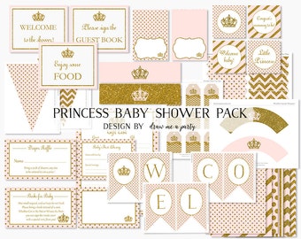PRINCESS BABY SHOWER Decorations Printable , Pink and Gold Baby Shower Package , Princess Cupcake Toppers , Wrappers . Sign , Tags and More