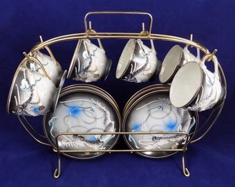 Moriage Dragonware Demitasse Cup and Saucer Set with Gold Wire Rack, 6 Cups and Saucers with Rack
