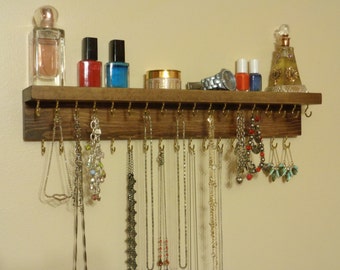 JEWELRY ORGANIZER - Jewelry Display - Necklace Holder - Attached Shelf - 12 Different Stained Finishes - 35 Hooks - Hangers Installed