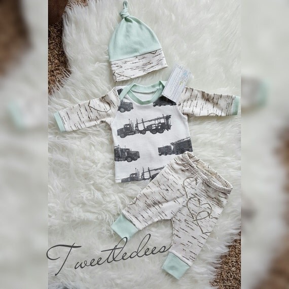 Organic baby 3 piece outfit logging truck made to order size