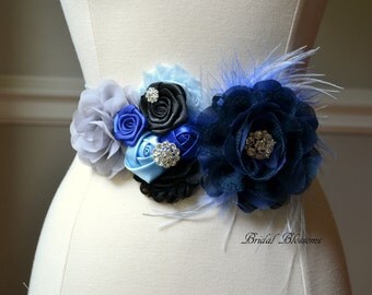 BEST SELLER - SAMI Gray Black Royal Navy Blue Flower Maternity Sash | It's A Boy | Newborn Photo Prop | Baby Shower Belly Band Belt Feathers