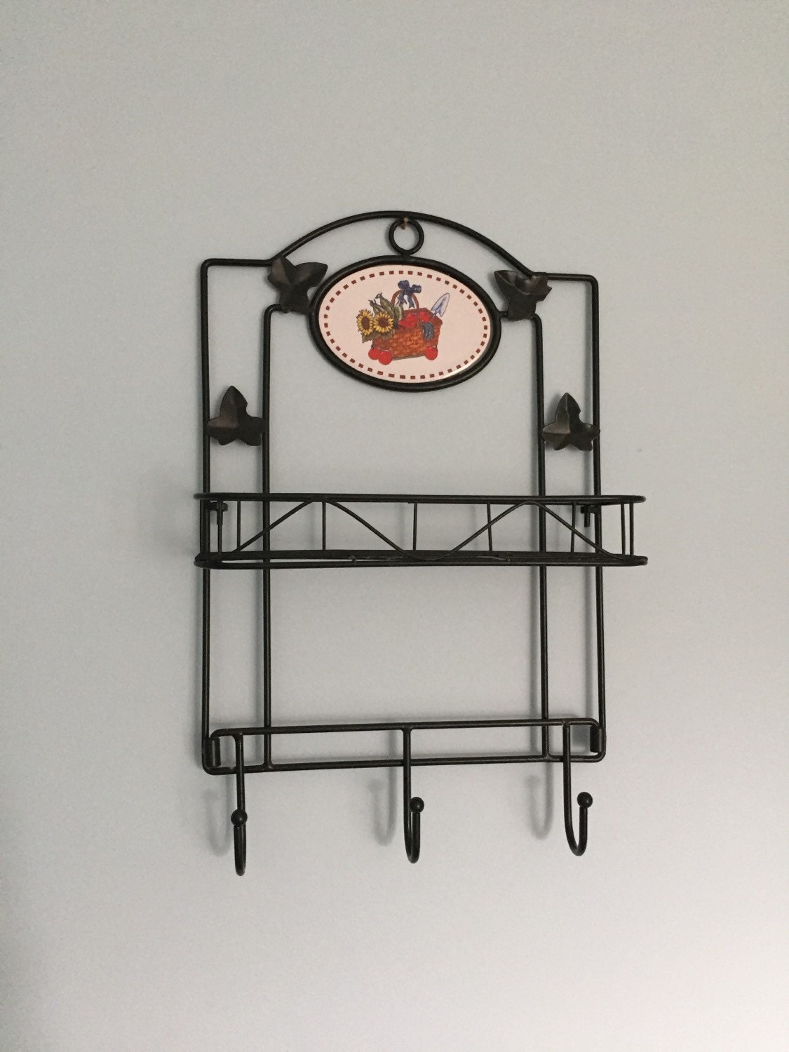 Kitchen or Entryway Vintage Metal Shelf and Hooks Wall Unit Haute Juice