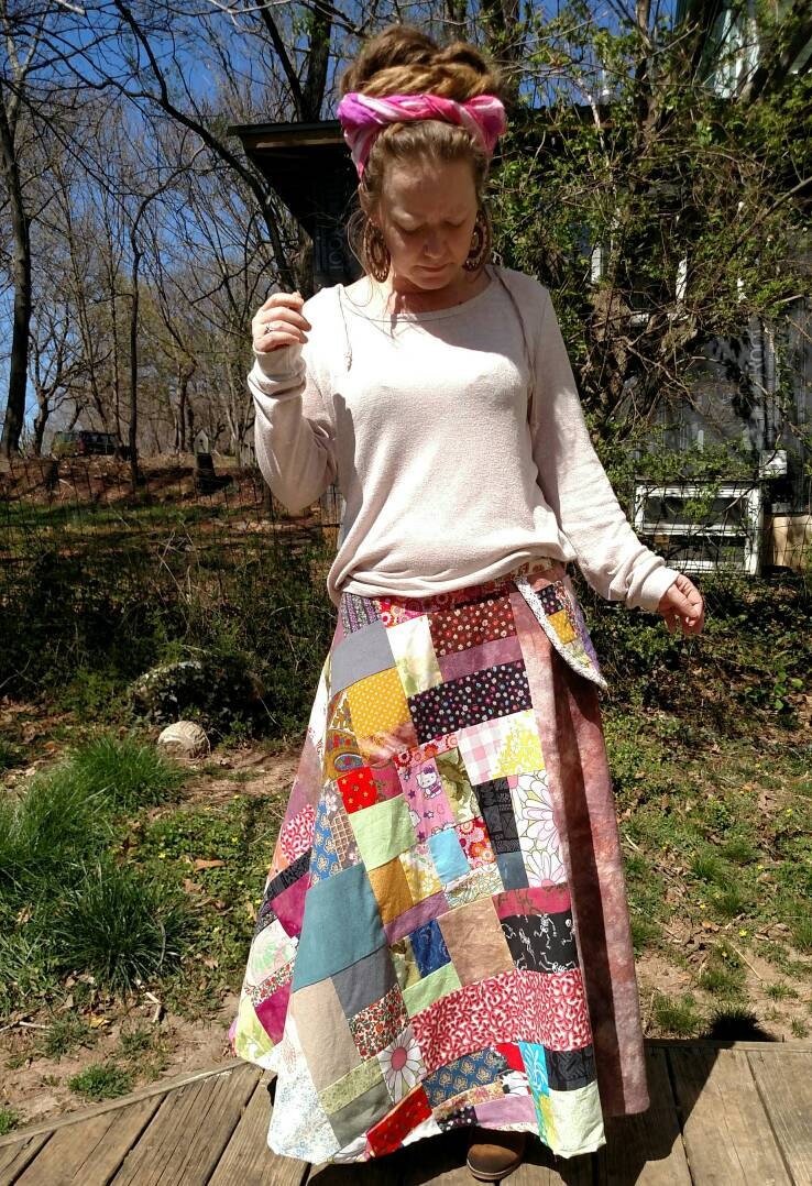 Hippie Patchwork Wrap Skirt in Organic Hemp random patchwork