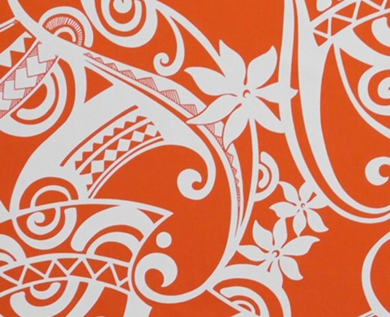 Tapa Tiare Fabric Hawaiian Fabric Orange by HawaiianFabricNBYond