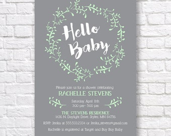 BABY SHOWER INVITATION- Gender Neutral Baby Shower Invitation- printable baby shower invitation- mint and gray invitation- hello baby- 5x7