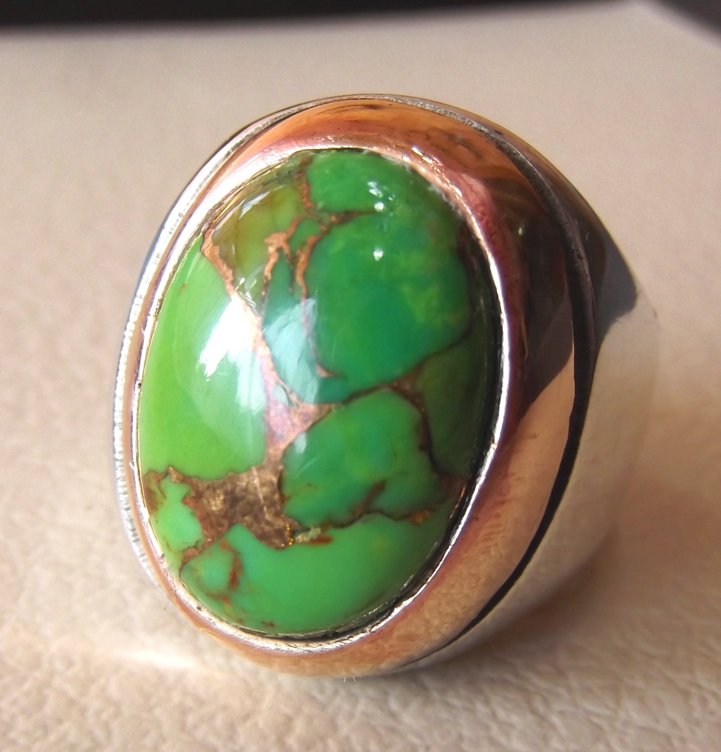 green copper turquoise huge natural stone men ring sterling