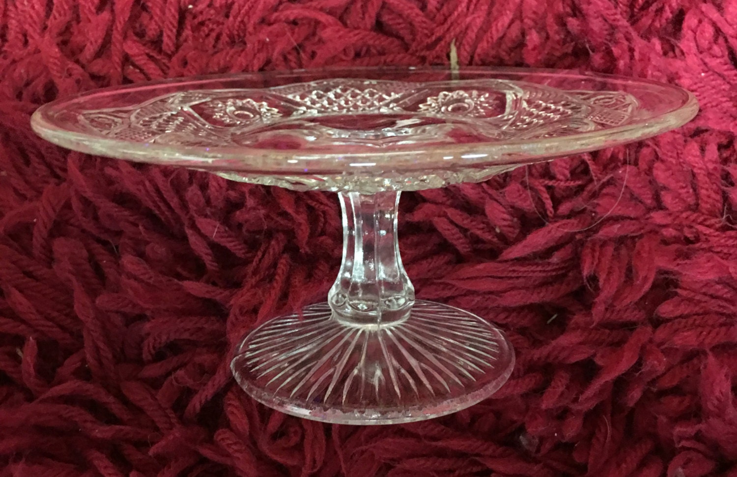 Pedestal Cake Plate Clear Cut Etched Glass Footed Vintage 4292