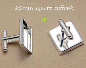 20mm Square Cufflinks-Bezel Cufflink trays-Silver Plated Cufflink Blanks-20mm cuff link tray-French Cufflink Blanks-Optional Glass-20pcs