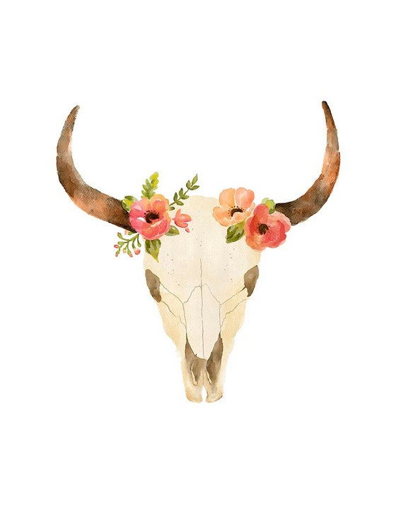 Cow Skull Print Watercolor Flowers Buffalo Skull Wall Art