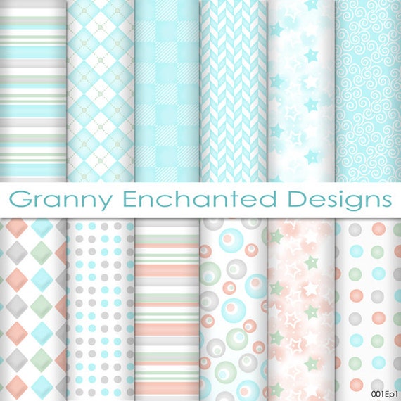 12 Digital Papers - Teal, Gray, Pink, and Green soft Patterns for Digital Backgrounds, Invitations, Scrapbook Paper, and Web Design