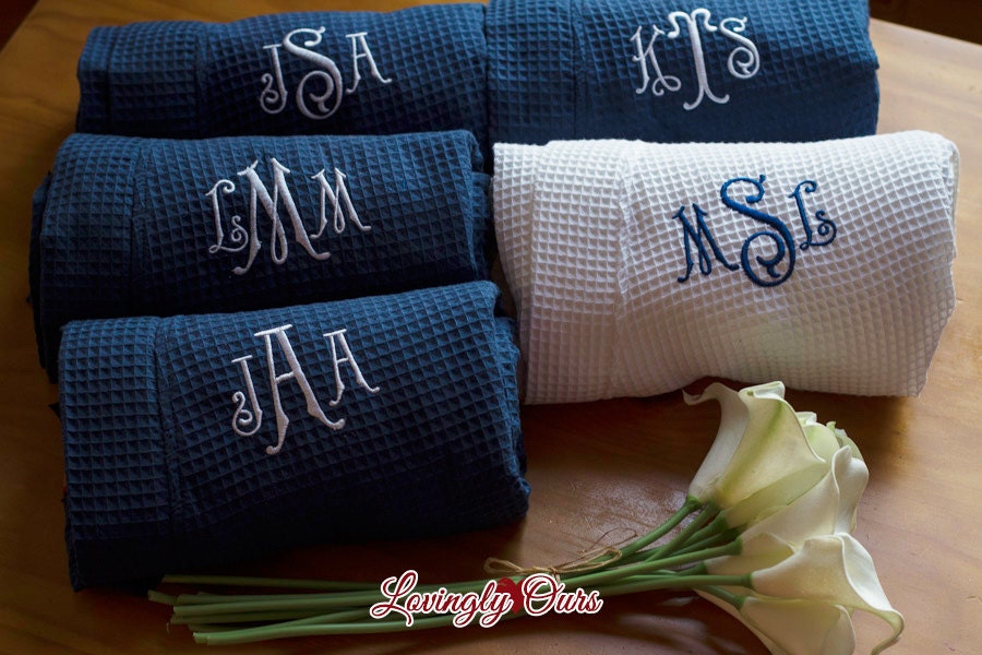 Bridesmaid Robes Set of 7 Monogrammed White Kimono Waffle
