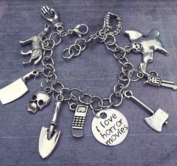 Items similar to I Love Horror Movies Charm Bracelet, Fandom Jewelry