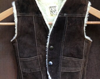Vintage 1970's Toddler's Children's Suede Leather Sherpa Waistcoat Vest / Winter / Brown / 4T