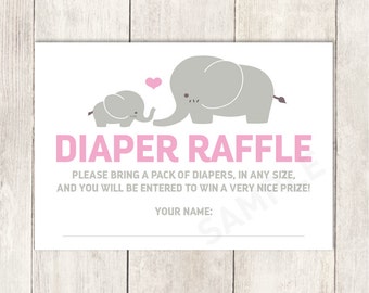 Elephant Diaper Raffle Card DIY / It's a Girl / Gray and Pink Heart / Pink Baby Shower Printable PDF ▷ Instant Download