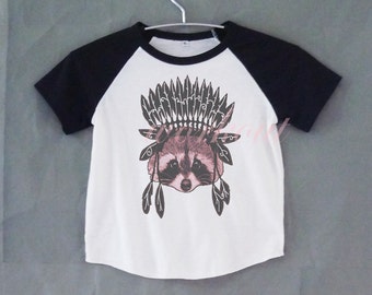 Native american raccoon tshirt short raglan shirt kids /off white clothing for 12M/2T/ 4T/ 6-10 years