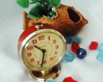 Vintage Alarm Clock ,Soviet Clock, Russian Clock , Mechanical Clock , Red Retro clock , Slava,Vintage Russian Alarm Clock Soviet SLAVA,USSR