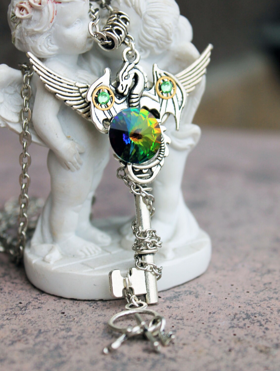 Key necklace dragon necklace green necklace dragon key