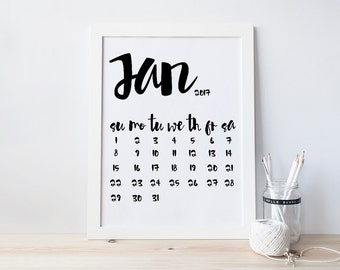 Printable Calendar 2017, Monthly Calendar Instant Download, Digital Calendar 2017, Black And White Office Calendar, Printable Wall Calendar