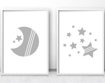 Moon And Stars Nursery Prints, Set Of Prints For Nursery, Baby Wall Art, Printable Nursery Art, Gray Nursery Decor, Gender Neutral Baby Art
