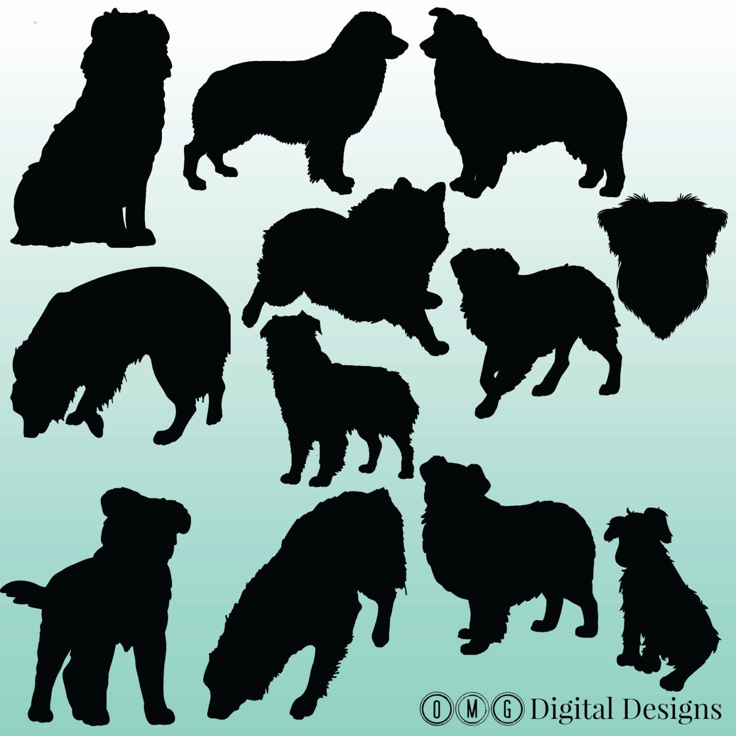 12 Australian Shepherd Silhouette Digital Clipart Images