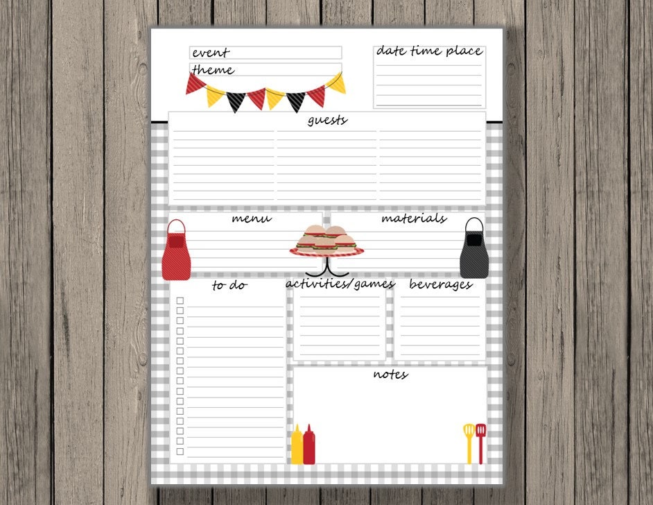 Cookout or BBQ planning printable. Cookout party printable