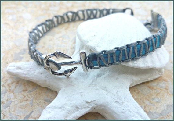 Blue Anchor Anklet, Anchor Ankle Bracelet, Nautical Anklet, Leather Ankle Bracelet, Anchor Foot Cuff, Yoga Anklet, Turquoise Anklet