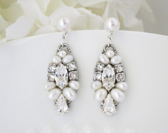 Art Deco post earring,Swarovski pearl and rhinestone bridal earring, Crystal and Freshwater pearl wedding earring