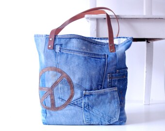 denim canvas tote bag with lots of pockets jeans bag by Lowieke