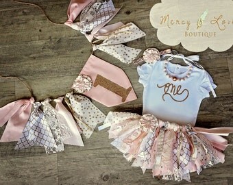The "Pink Carousel" Collection. Pink & Gold Fabric Tutu, Cake Smash outfit, First Birthday Girl, Birthday Outfit, High Chair Banner