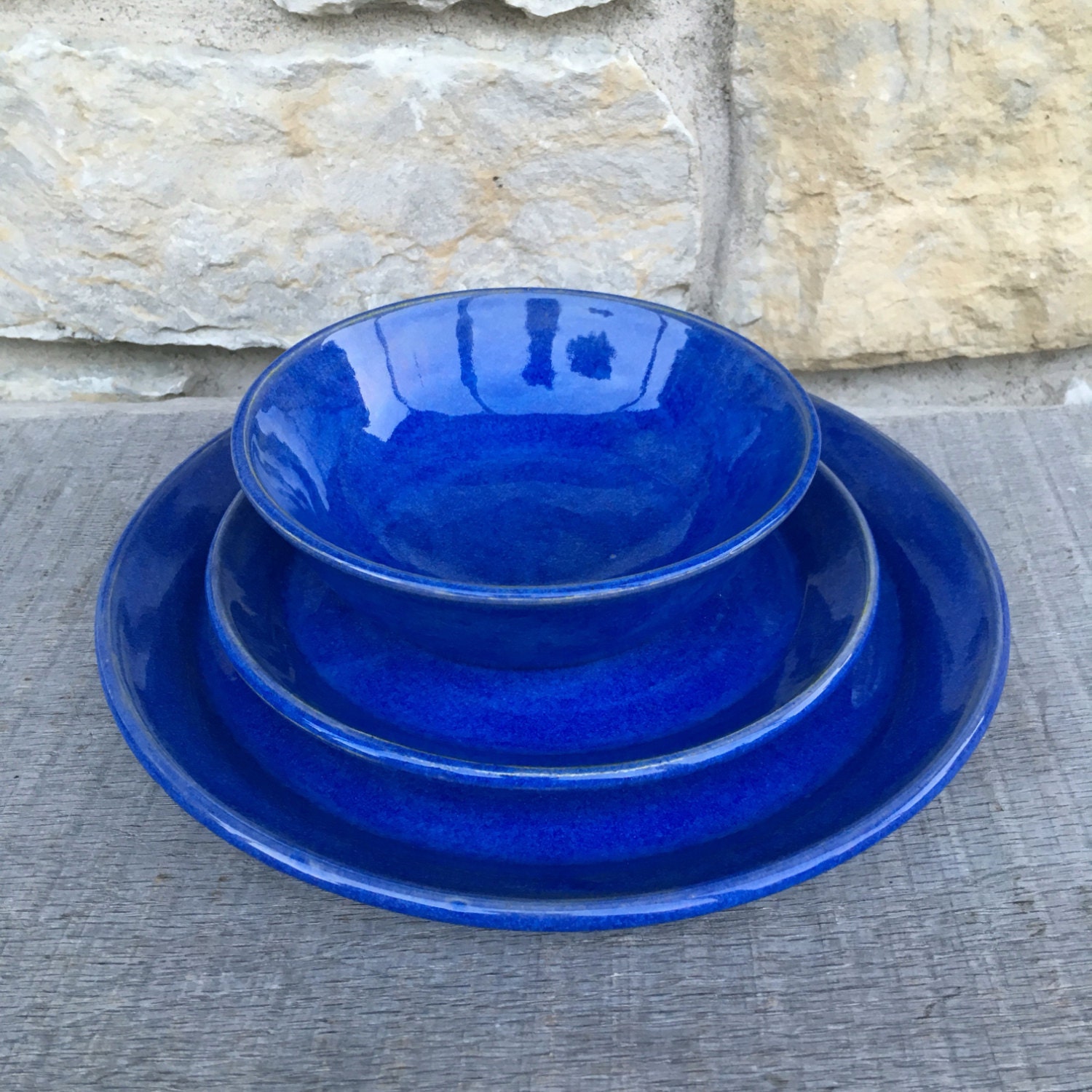 Pottery Dinnerware set of 3 Indigo Blue Dishes