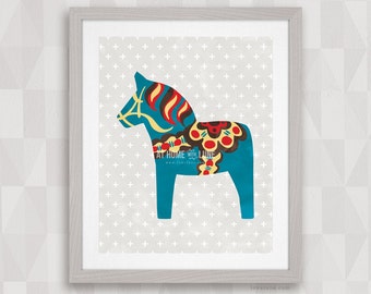 Dala Horse: Watercolor Blue, Red, Yellow. Nordic Wall Art. Sweden Dalahäst, Scandinavian Dalecarlian Pony. Original 8x10 16x20 Digital Print