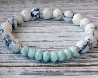 Howlite + Larimar Bracelet, Throat Chakra Jewelry, Wrist Mala Beads, Stress & Anxiety, Feminine Power + Communication + Emotionally Soothing