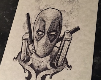 Fine line, Deadpool inspired dotwork A4 print. (Not tattoo flash) - please do not reproduce. Black dot work