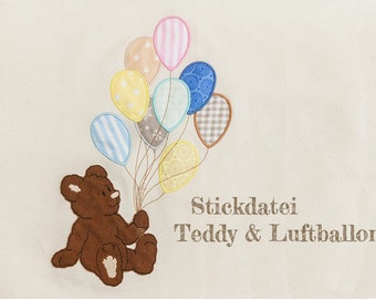 Machine embroidery applique design Teddy with balloons