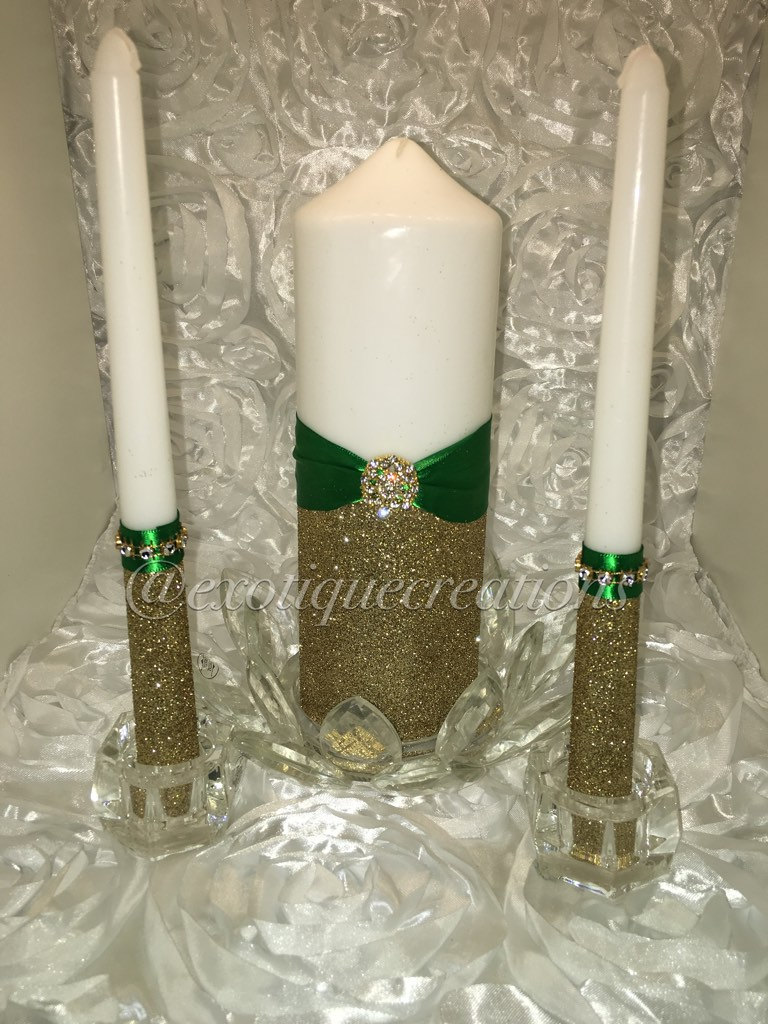 Unity Candle Set Green and Gold by ExotiqueCreations on Etsy