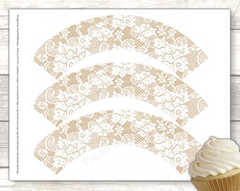 Lace cupcake wrapper (INSTANT DOWNLOAD) - Lace cupcake holder - Wedding cupcake wrappers - Burlap cupcake wrapper
