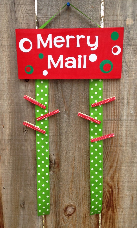 Merry Mail 5.5 x 12 wooden sign Red White Green by TheCreativeSign