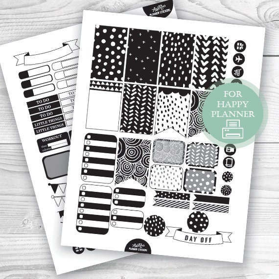 happy planner stickers black and white abstract printable