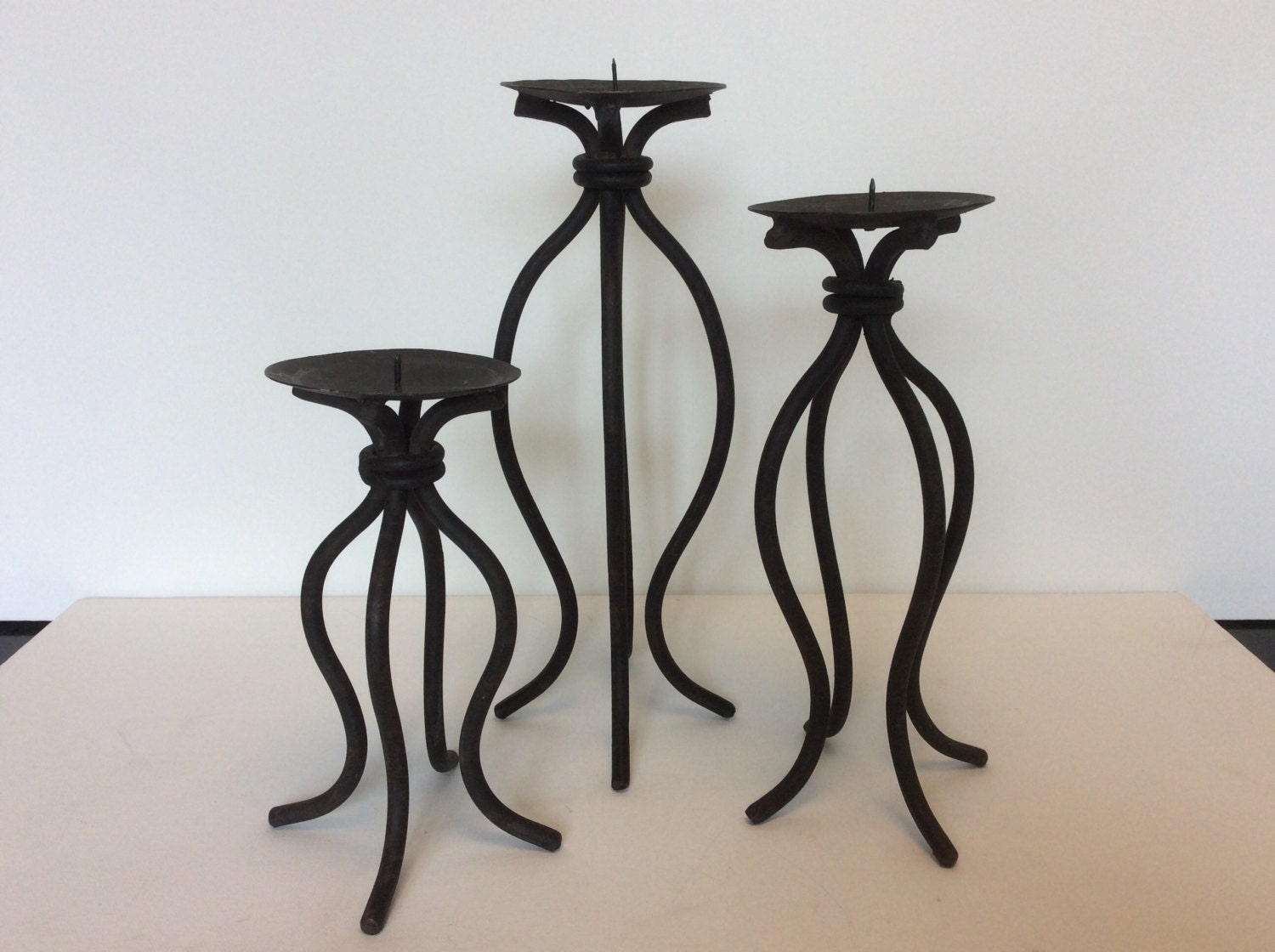 Vintage 3 cast iron trio of black pillar candle holders candle