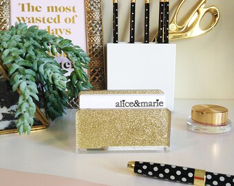 Business Card Holder-Acrylic-Gold-Glitter-Desk-Accessory-Made in USA