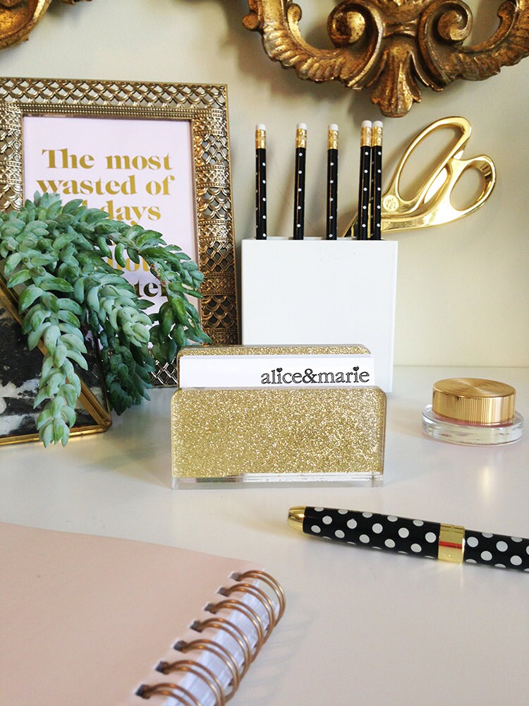 Business Card HolderAcrylicGoldGlitterDeskAccessoryMade