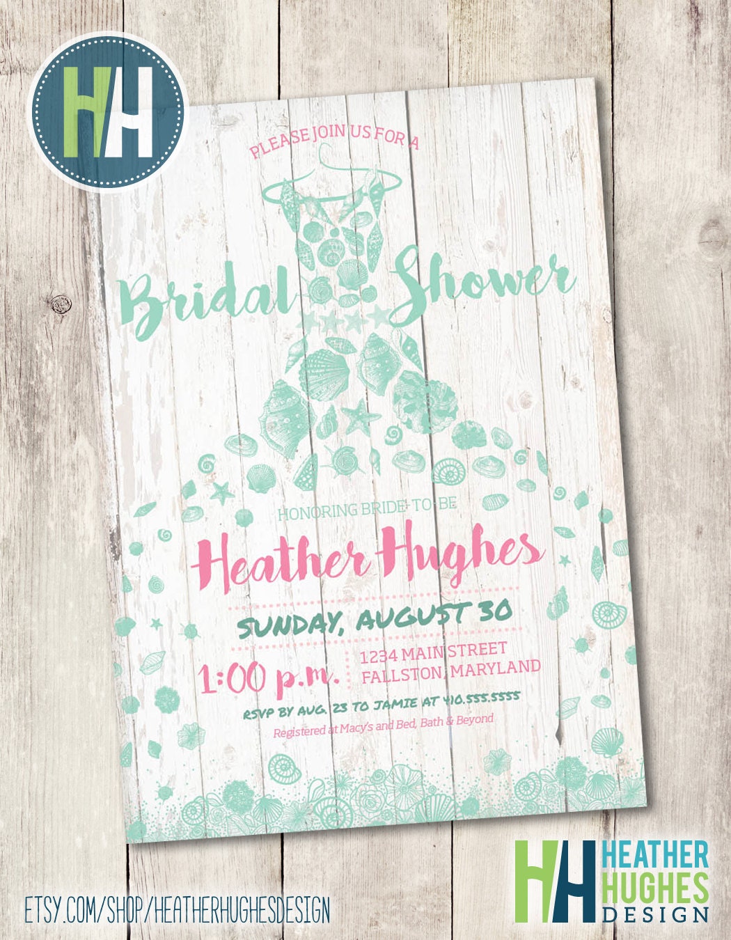 Beach Bridal Shower Invite Printable Invitation Shabby Chic