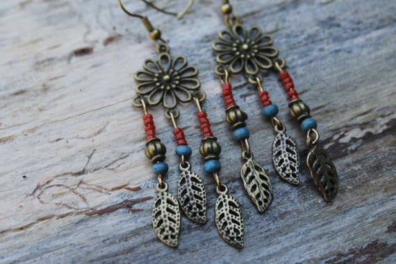 Boho Flower Earrings, Native American Earrings, Blue and Red Earrings, Statement Earrings, Leaf Charm Earrings