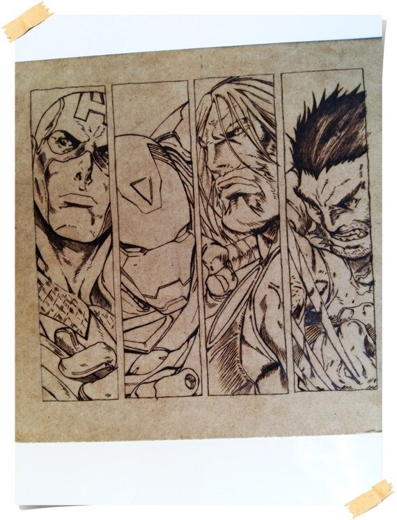 Marvel Heroes pyrography photo for wallMDF by WoodBurningStudio