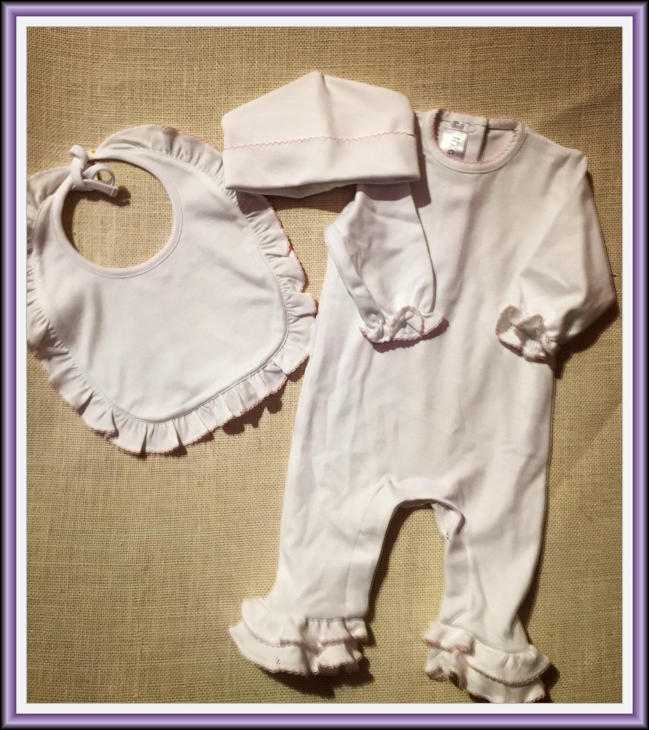 Blank sleeper Pink trim ruffle romper Baby by WhiteMagnoliaBlanks